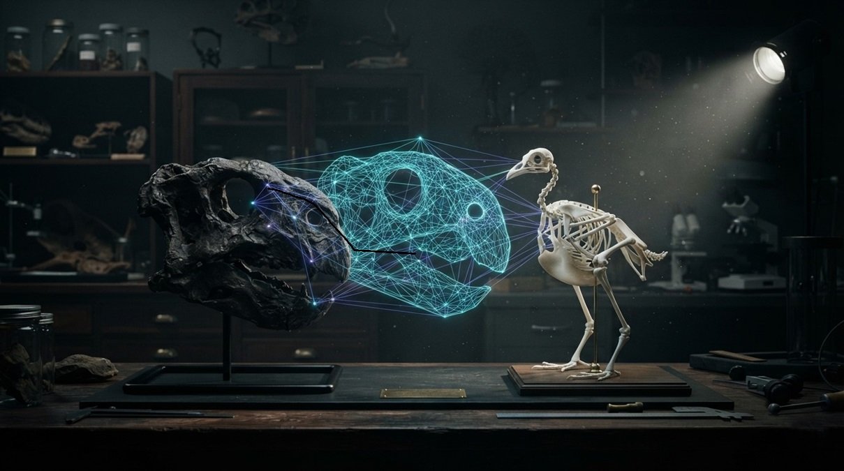 Advanced AI holographic vector mesh mapping evolutionary changes between a dinosaur fossil and animal skeleton