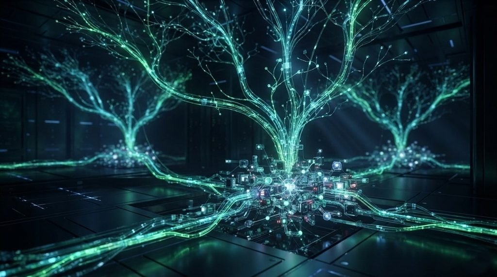 Advanced neural networks recombining data pathways autonomously in a clean dark tech environment.