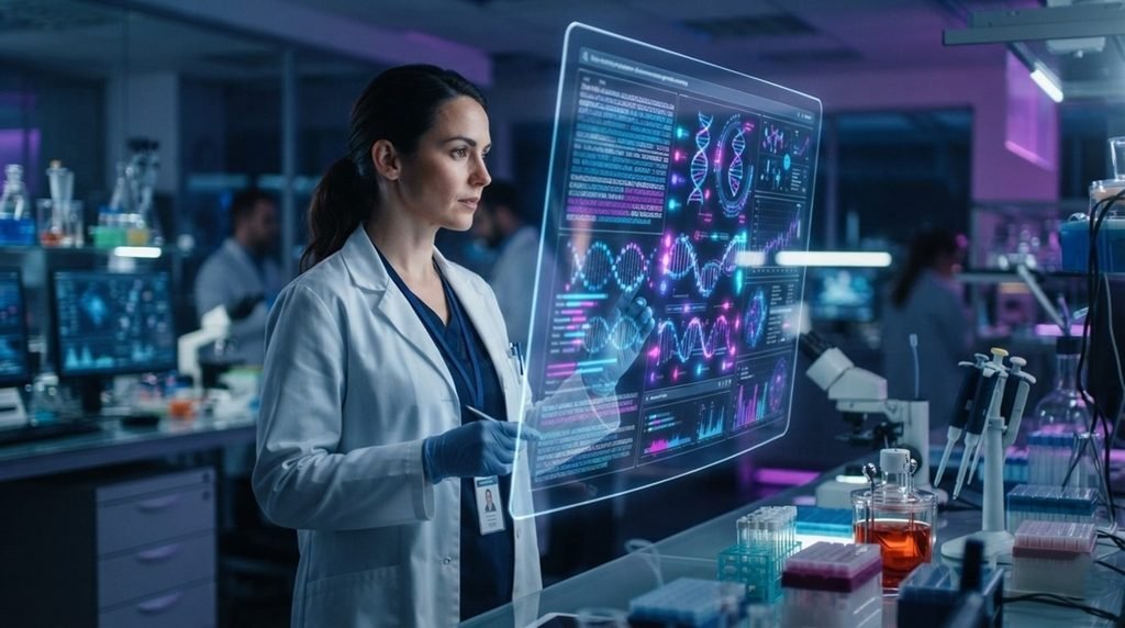 A scientist analyzing glowing digital gene maps on a futuristic screen inside a high-tech laboratory setting representing AI in science breakthroughs.
