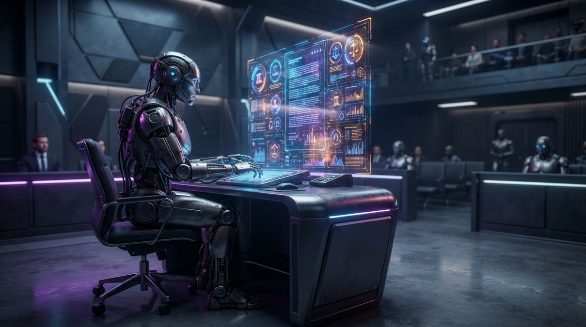 AI robots laws setup displaying an autonomous machine interacting with complex digital legal frameworks inside a futuristic tech laboratory simulation.