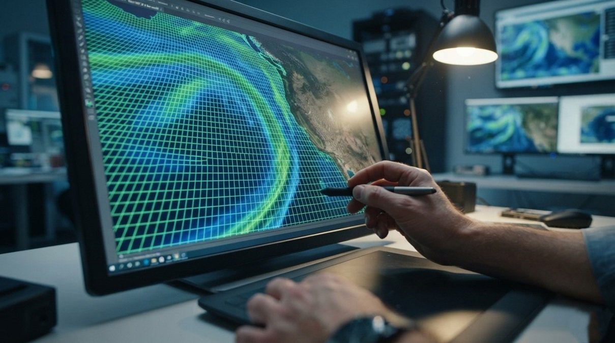 Close-up macro photograph of a scientist analyzing a 2-kilometer high-resolution atmospheric river mesh grid on a weather terminal screen.