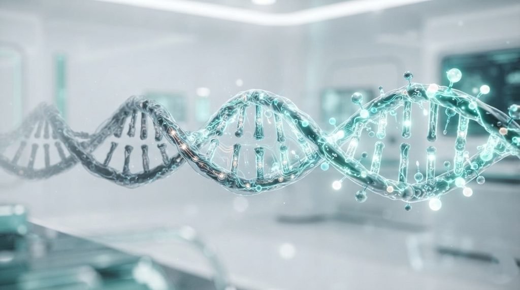  AlphaGenome AI modeling DNA strands to separate birth genes from environmental biological aging signatures