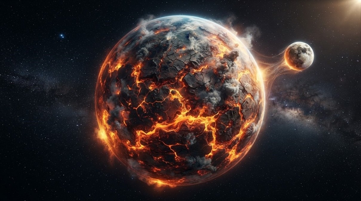 barren, rocky primitive Earth billions of years ago with no water or trees.