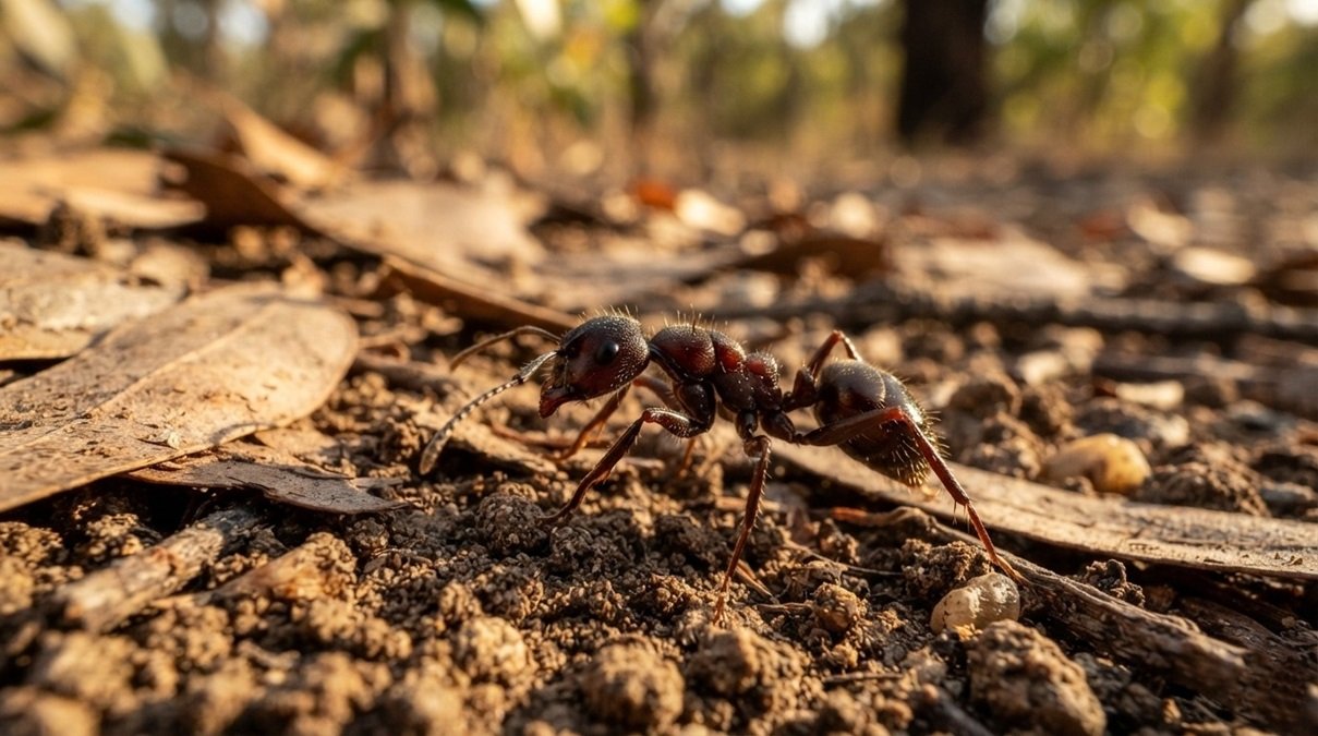 A high-contrast macro science photograph of a native Australian worker ant navigating wild terrain during a seasonal shift