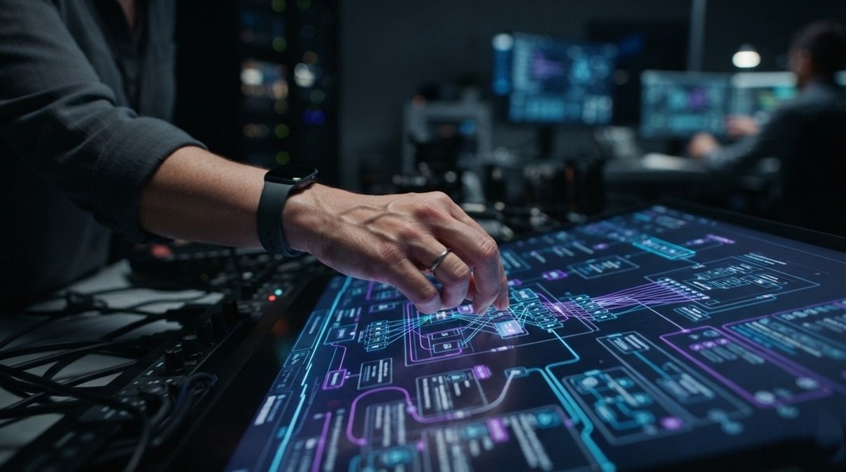 • A sharp neon tech macro photograph showing a human architect configuring strict governance guardrails and software architecture structures over autonomous AI agents.