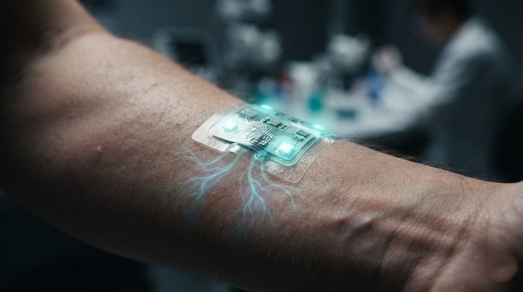 • Macro science photograph of a wearable medical sensor tracking real-time metabolism under clinical studio lighting.

