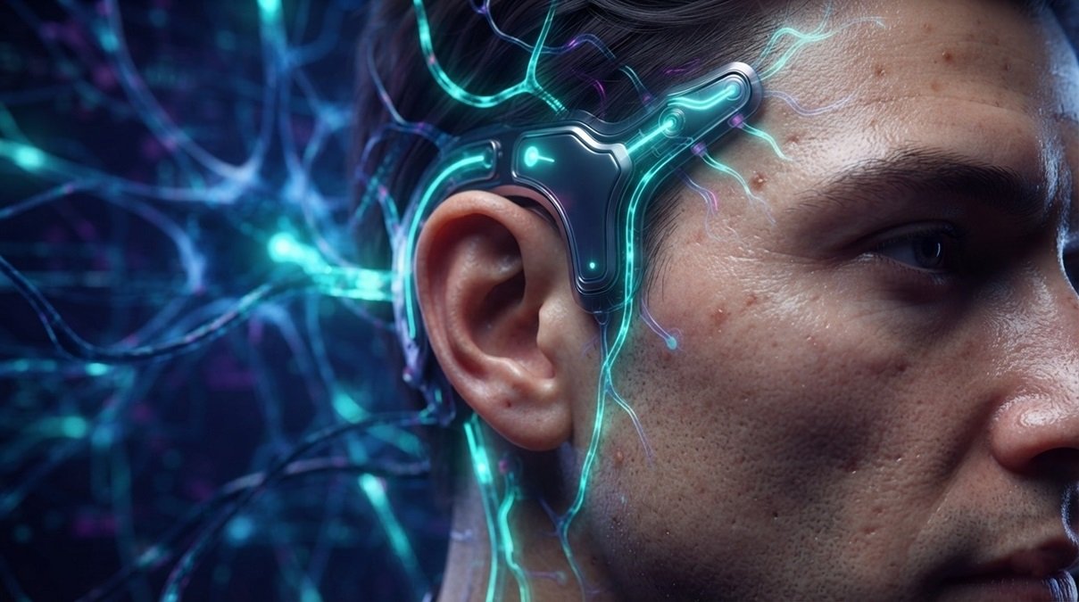 tech banner showing a glowing neon neural network connecting seamlessly to a futuristic wearable brain-computer interface.