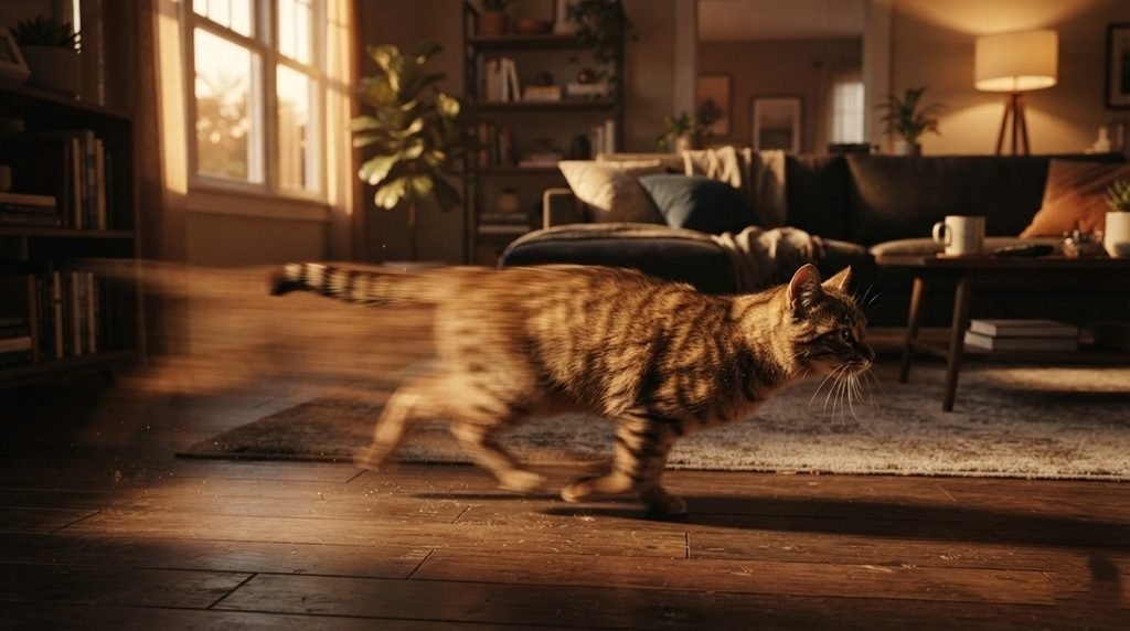 Cinematic 8K visualization tracking high-speed feline velocity shifts inside a living room setting representing cat zoomies behavioral research