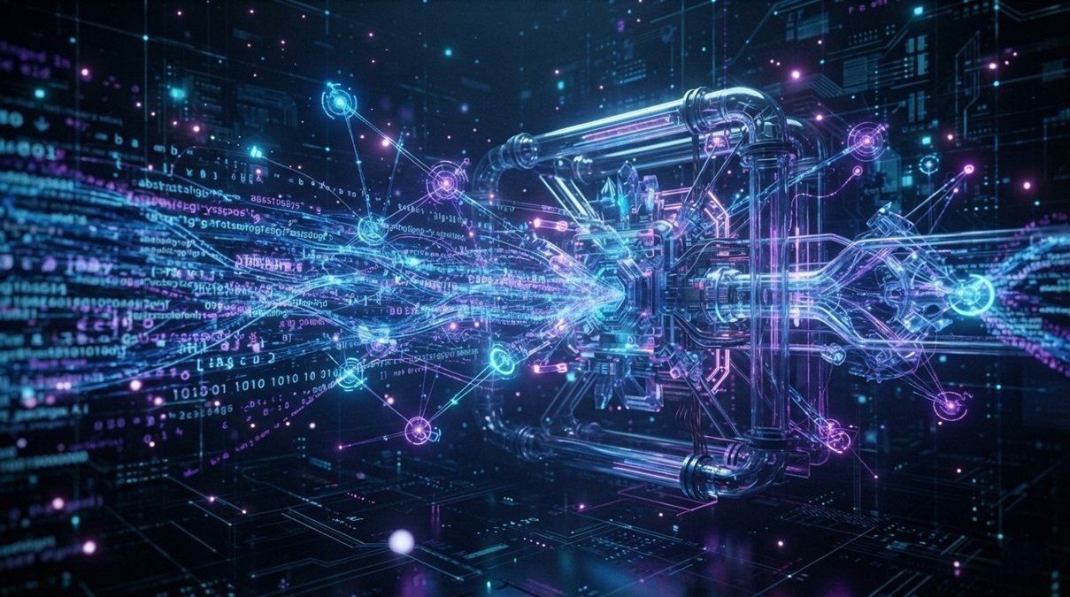 Cutting edge AI system analyzing and filtering digital news text on a glowing neon tech interface screen