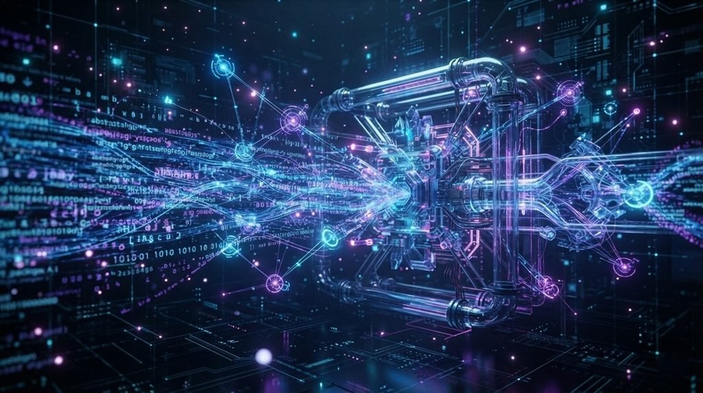 Cutting edge AI system analyzing and filtering digital news text on a glowing neon tech interface screen