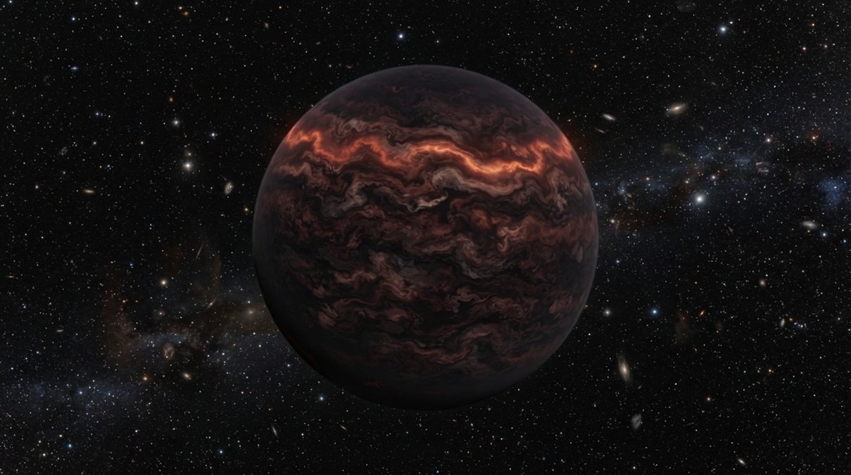 An 8K telephoto science photograph of the cold failed star brown dwarf LRL 11001 with glowing infrared methane emissions against a deep cosmic dark background.