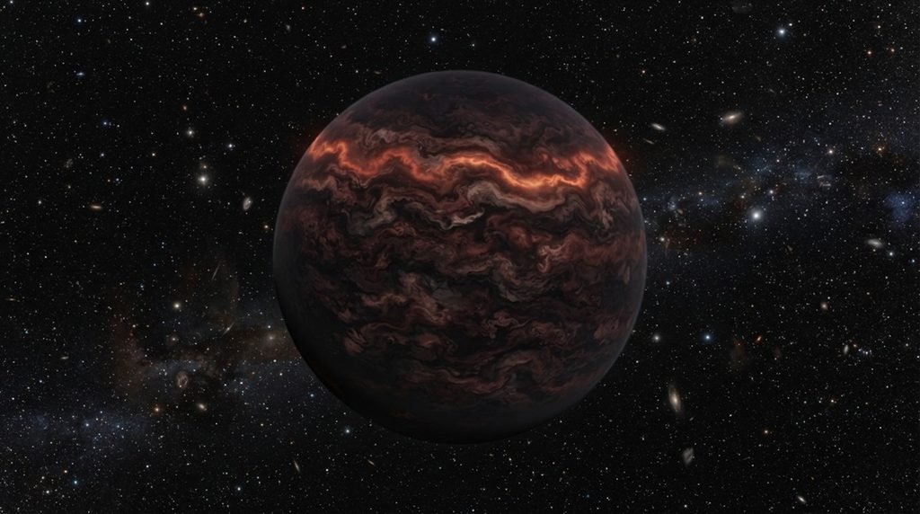 An 8K telephoto science photograph of the cold failed star brown dwarf LRL 11001 with glowing infrared methane emissions against a deep cosmic dark background.