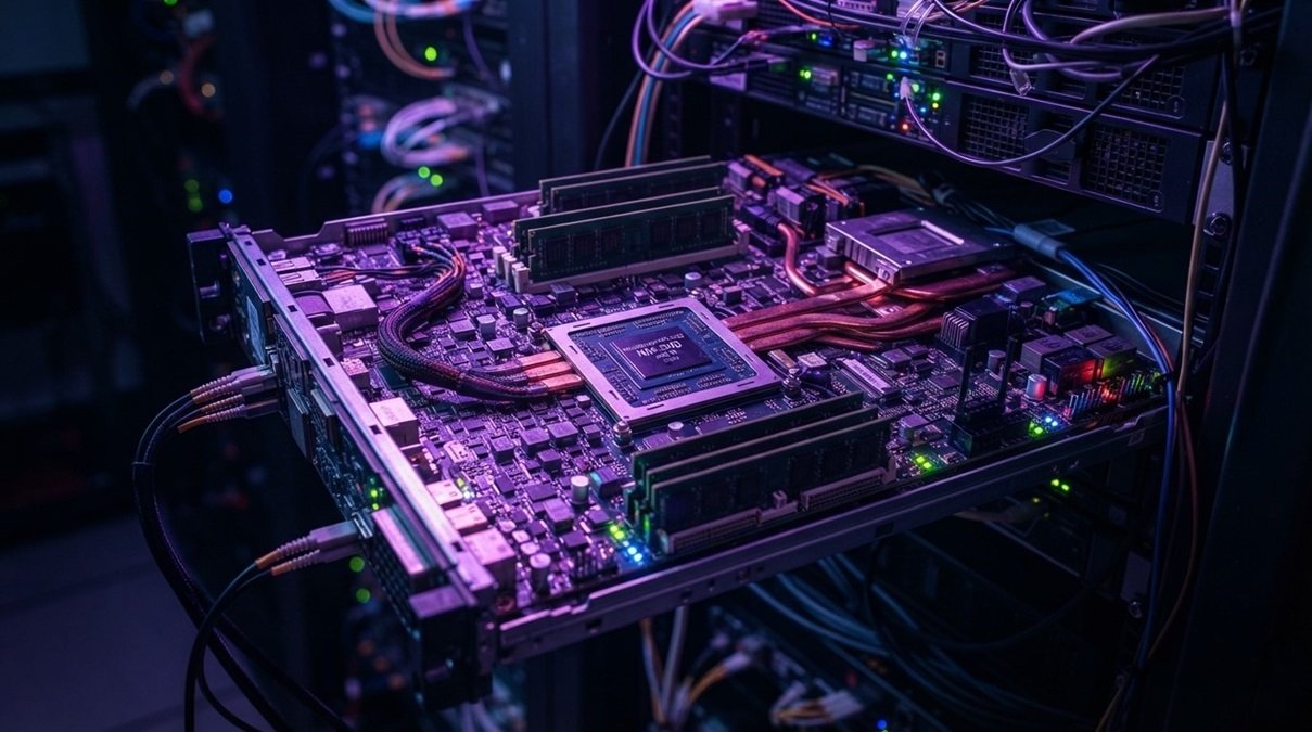 capturing a physical neuromorphic server node illuminated by neon purple and blue lighting during an active AI loop stress test.