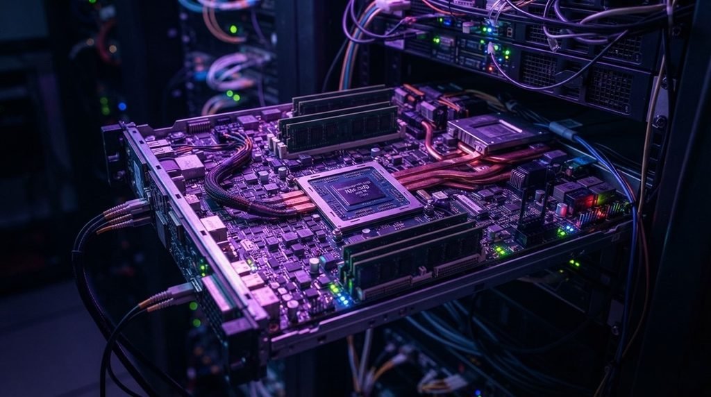capturing a physical neuromorphic server node illuminated by neon purple and blue lighting during an active AI loop stress test.