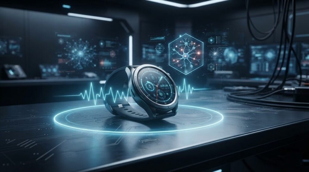 Cutting-edge smartwatch displaying a neon blue electrocardiogram heartbeat wave inside a high-tech biometrics security laboratory setup.