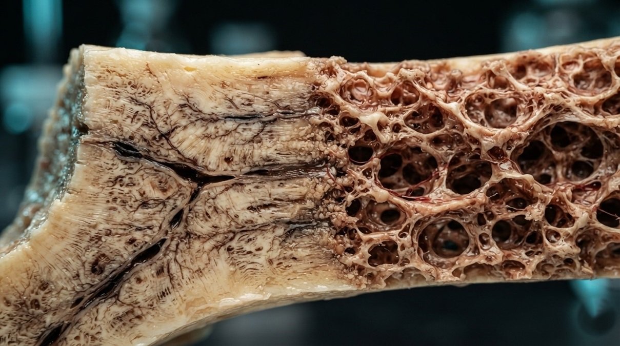 macro science photograph of a bone tissue cross-section revealing internal microstructural canal networks under clinical studio lighting.
