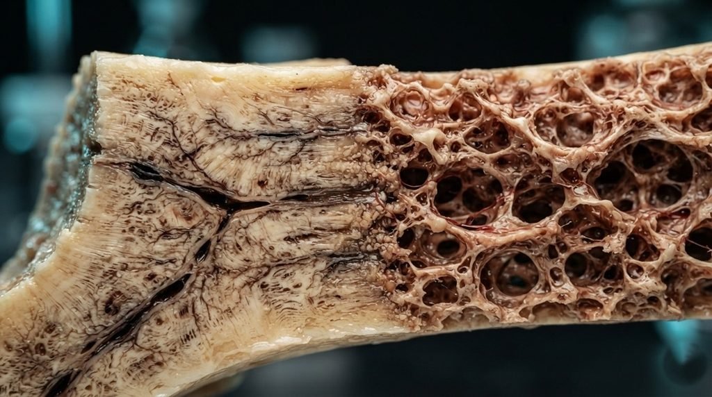 macro science photograph of a bone tissue cross-section revealing internal microstructural canal networks under clinical studio lighting.