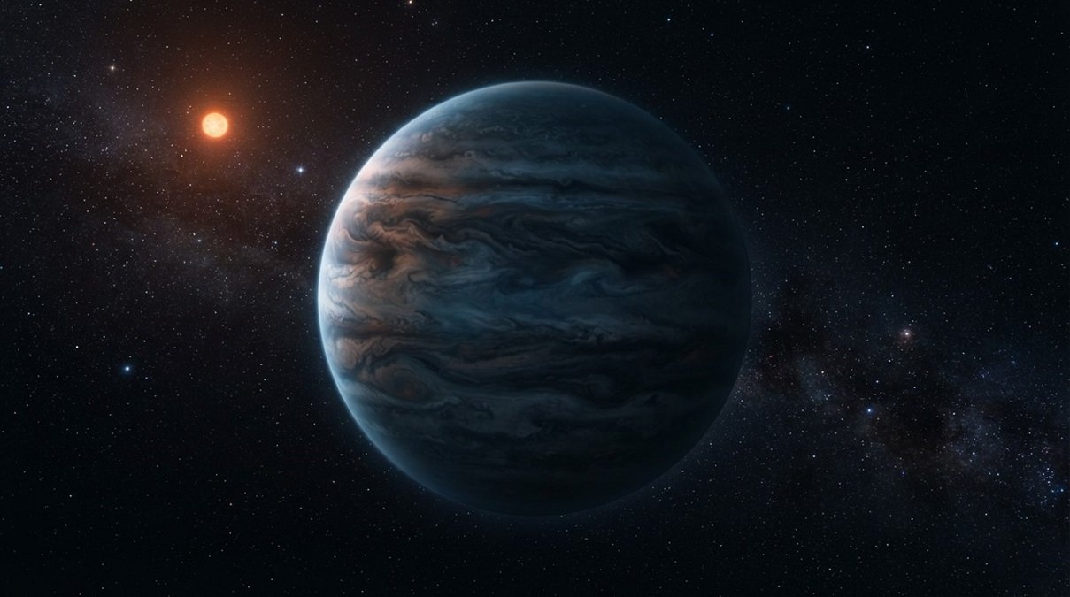 James Webb Space Telescope view of cold gas giant exoplanet Epsilon Indi Ab in dark deep space