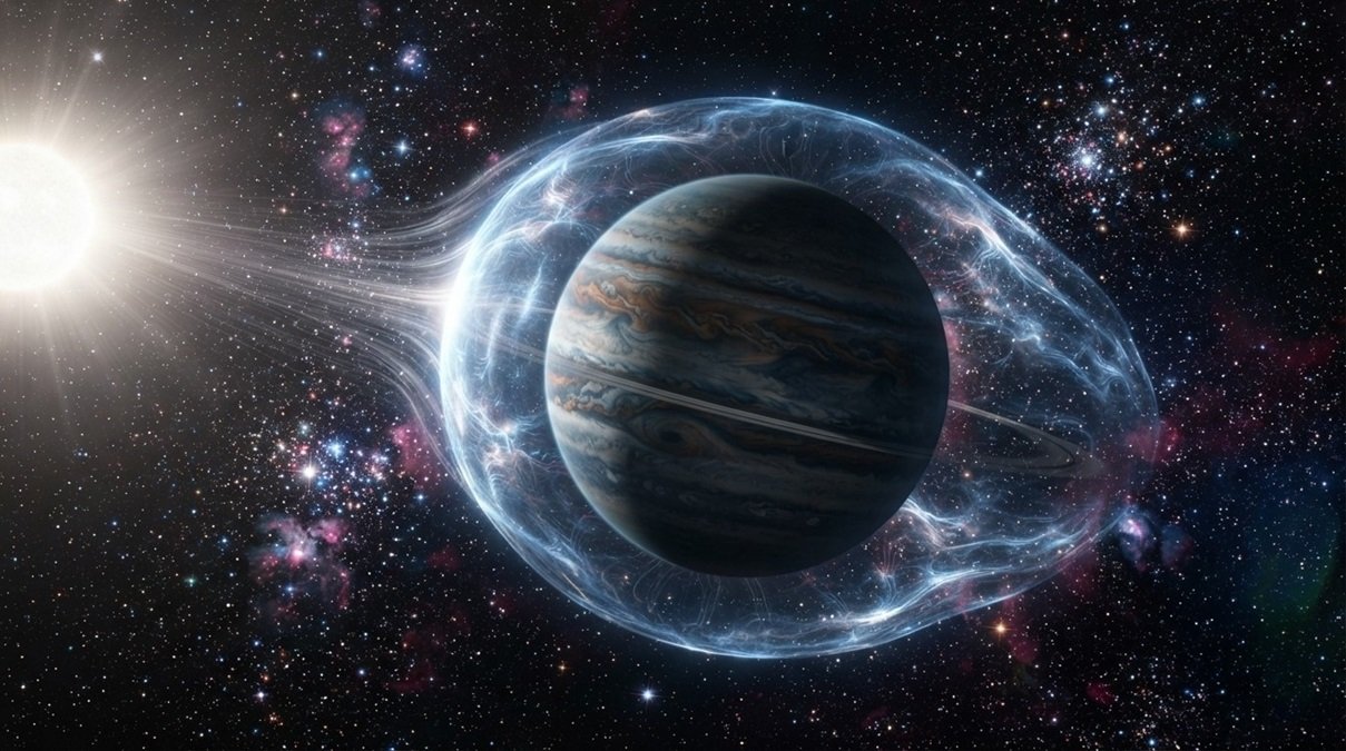 Cinematic 8K banner showing the exoplanet Beta Pictoris b protected by a bright magnetic shield in dark space