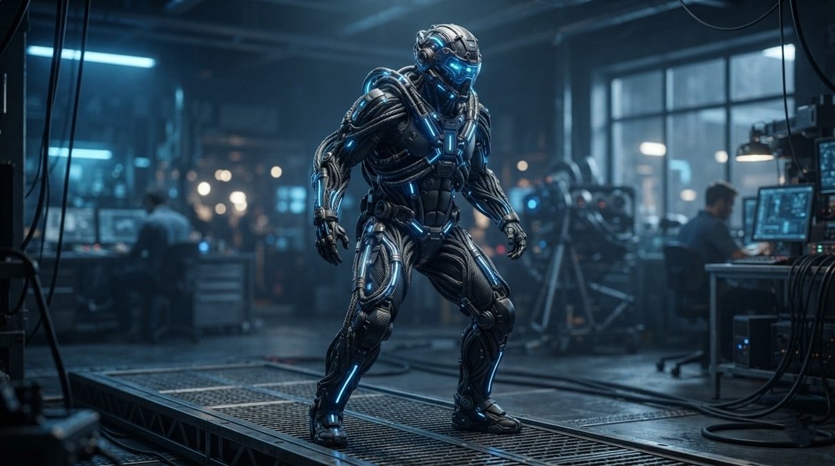 a high-tech exoskeleton suit utilizing flexible smart cables instead of rigid metal frames.
