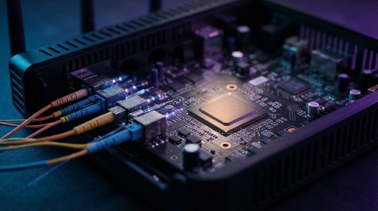 A macro photograph of a physical fiber-optic broadband modem silicon chip glowing under neon blue and purple tech studio lighting