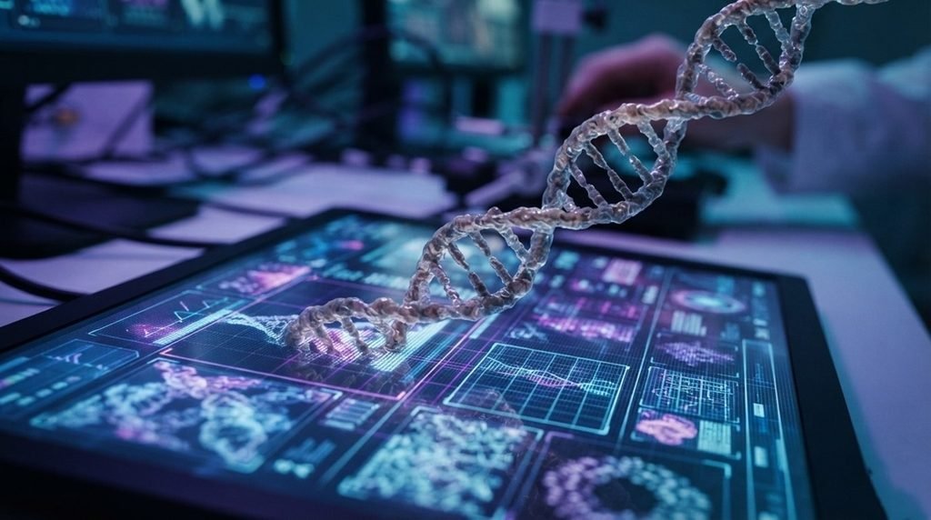 • A high-contrast macro science photograph focusing on a DNA strand illuminated under sharp neon blue and purple tech studio lighting to visualize local browser computing.
