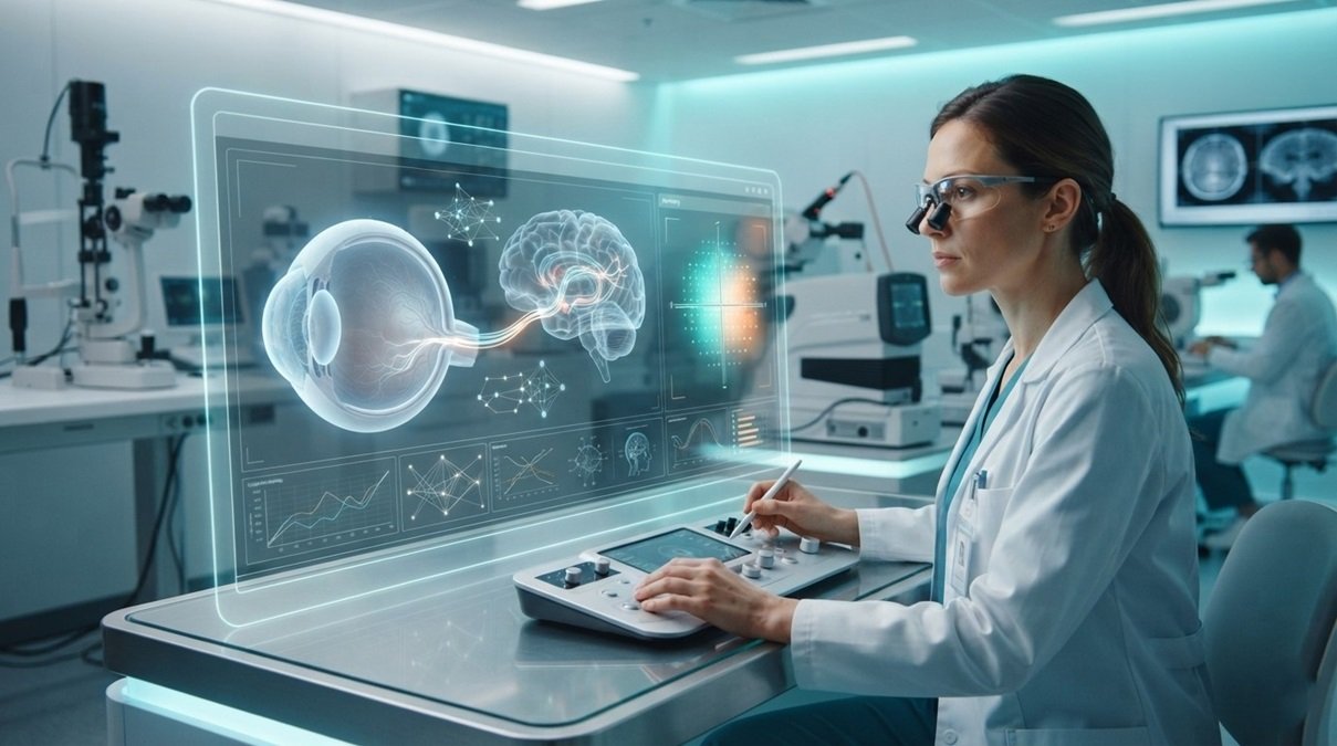 Glaucoma screening software dashboard analyzing 3D optic nerve scans in a futuristic eye clinic