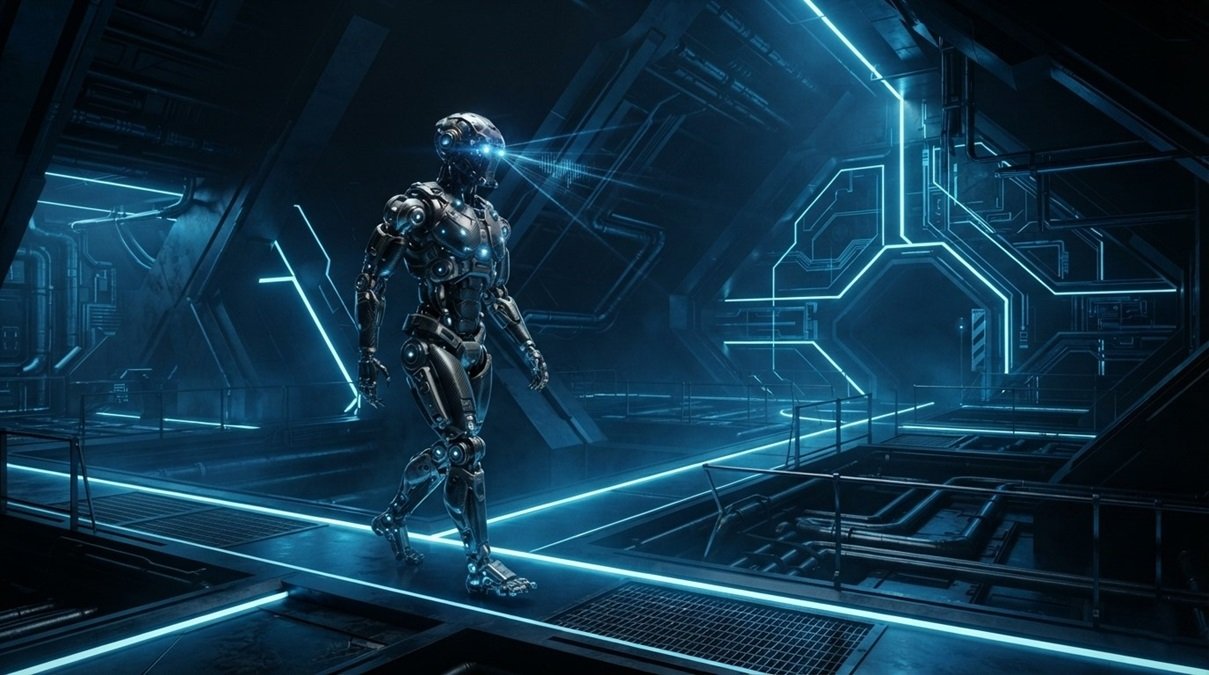 Next-generation GPT-6 Astra neural architecture driving a mobile humanoid robot unit through an unmapped room layout inside a tech lab environment.