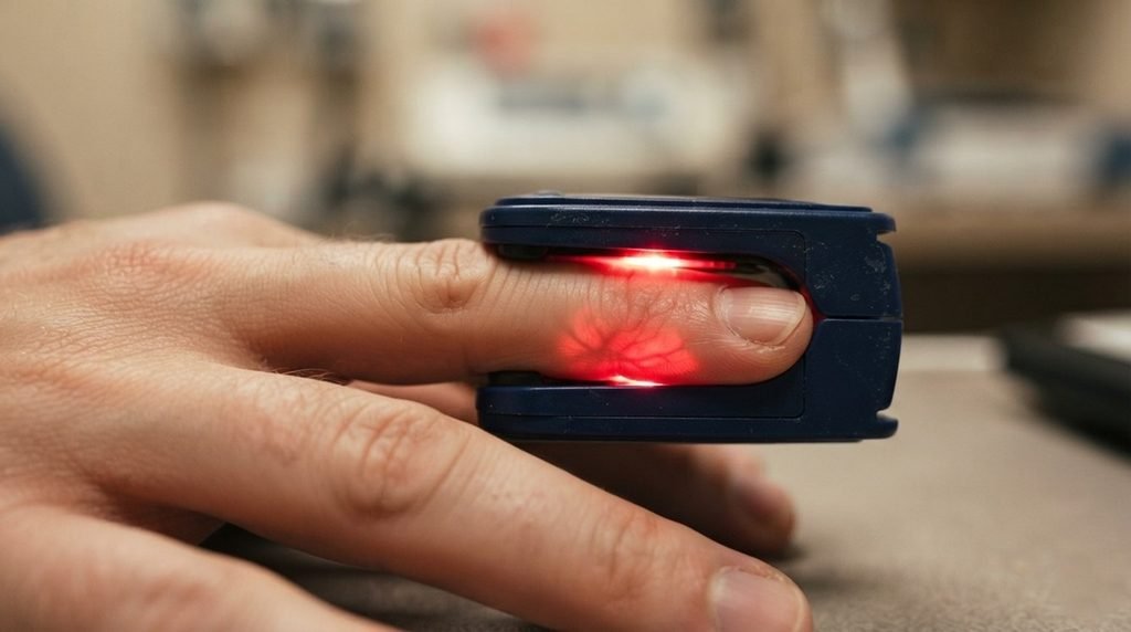 Macro science photograph of a fingertip inside a pulse oximeter tracking arterial blood oxygen through skin layers.