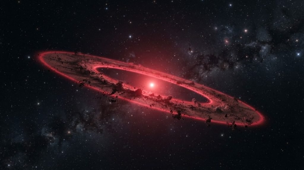 A close-up macro documentary photograph of the highly detailed dust grains and crimson light scattering inside the HR 4796A circumstellar debris disk.