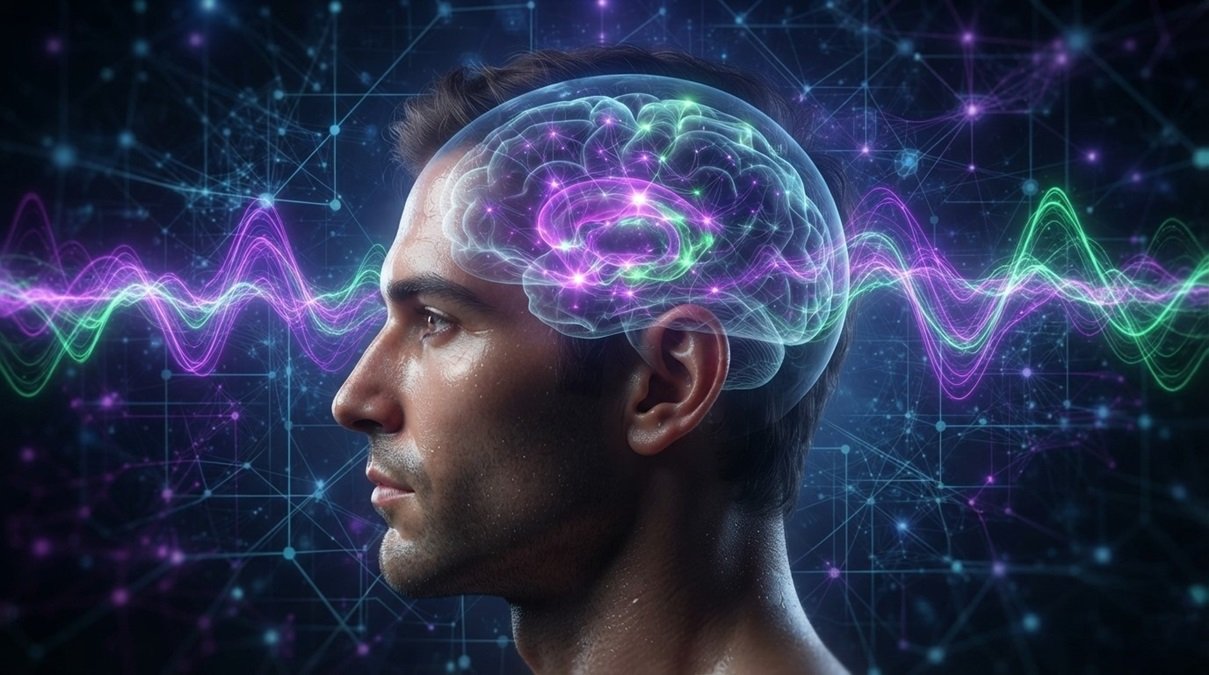 Human brain emitting glowing neon colored noise frequencies representing emotional state variations.
