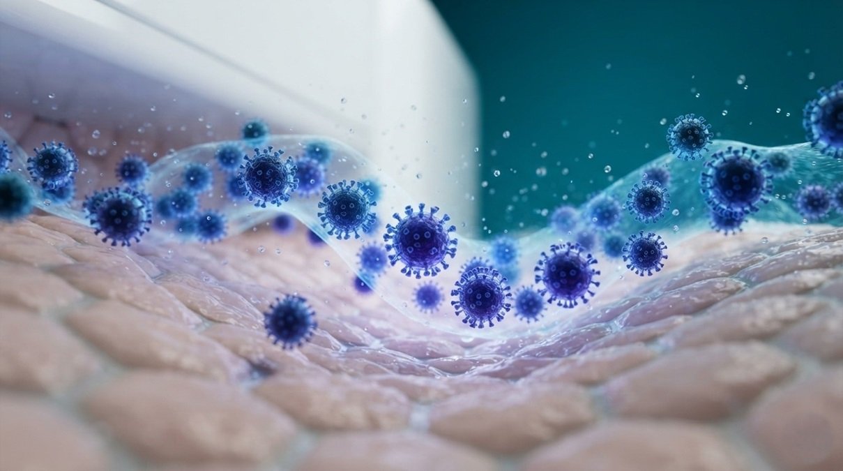 Immunity waves model showcasing seasonal respiratory virus particles traveling in a structured wave formation