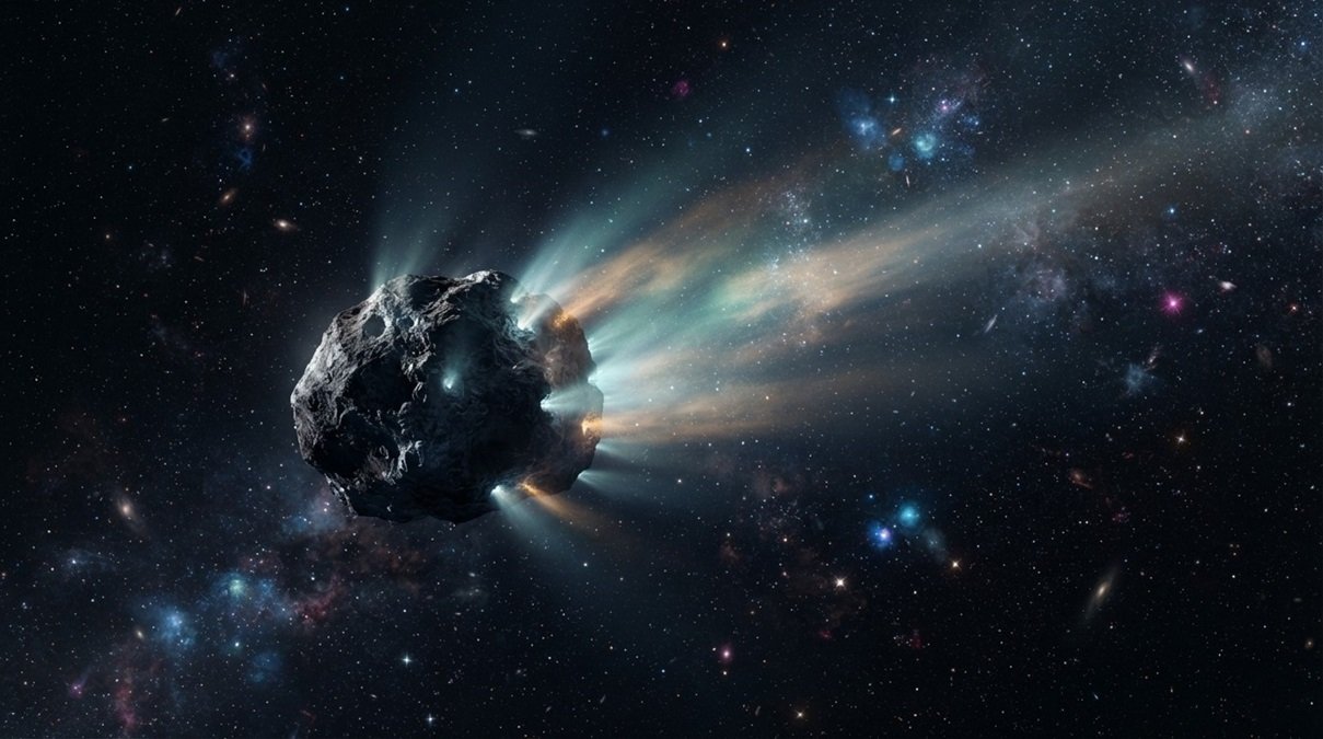 An interstellar comet traveling through dark space with active outgassing streams.