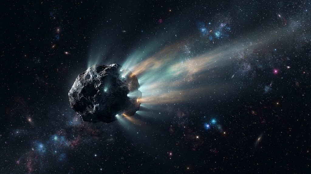 An interstellar comet traveling through dark space with active outgassing streams.