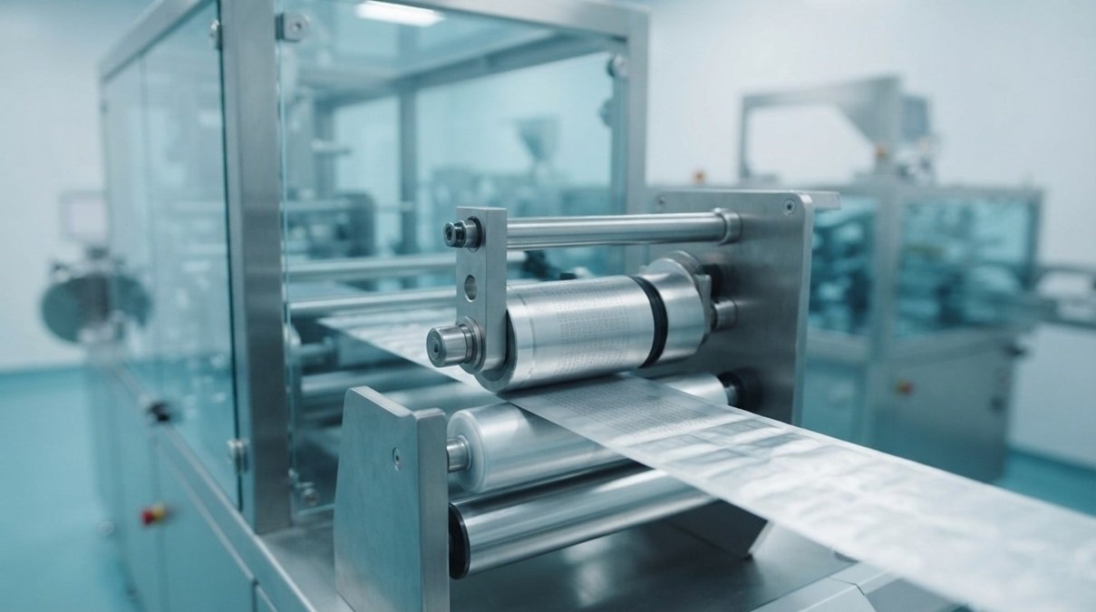 Invisible ink being printed onto primary pharmaceutical aluminum foil medicine strips in a sterile medical packaging facility for anti-counterfeiting security.