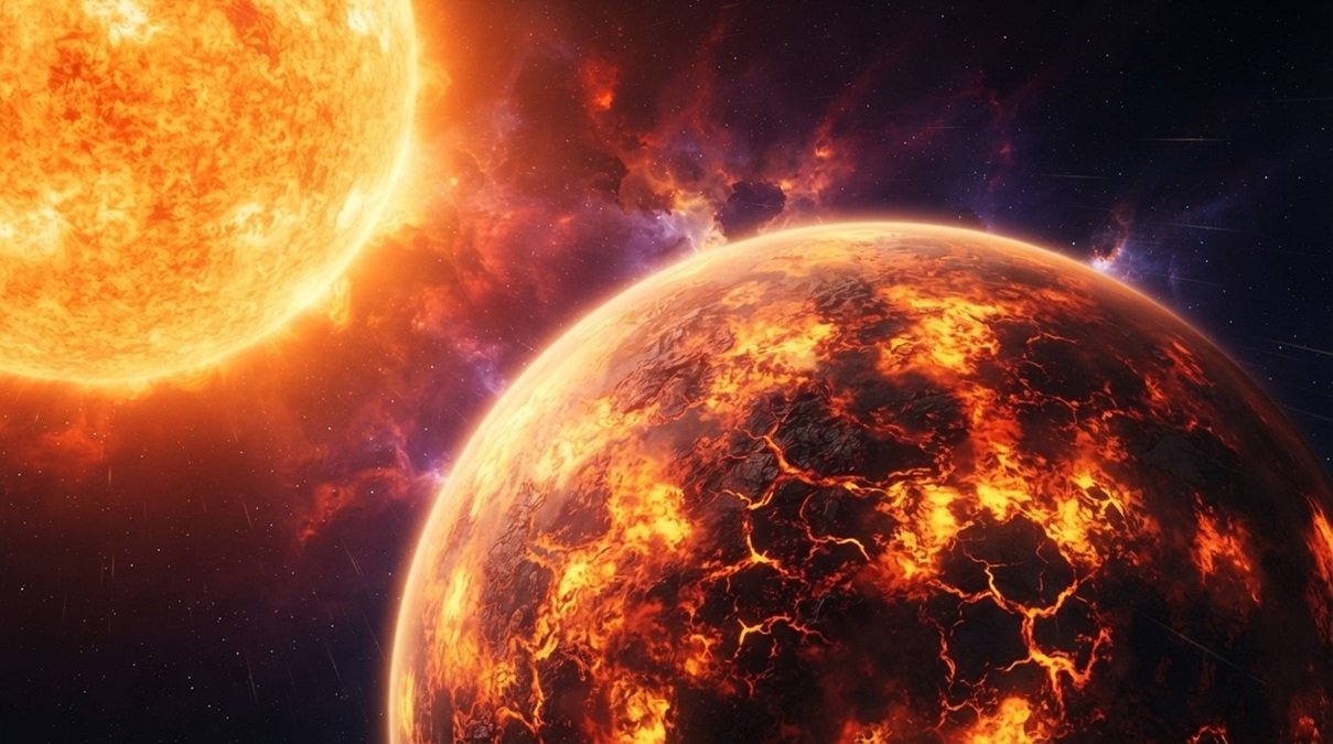 An extreme lava planet with a boiling ocean of molten rock under intense stellar radiation in deep space.