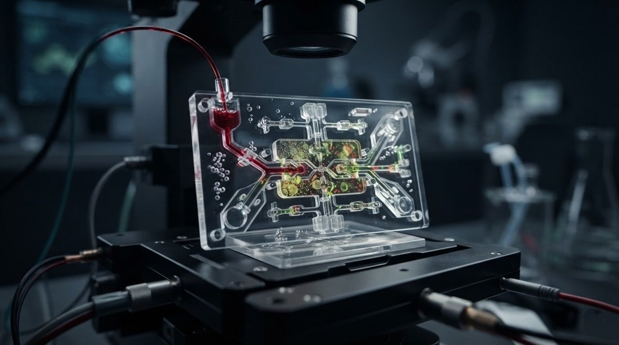 Longevity apps focus keyword image showing a macro science photograph of a clinical diagnostic chip analyzing biomarkers under sharp white laboratory lighting.