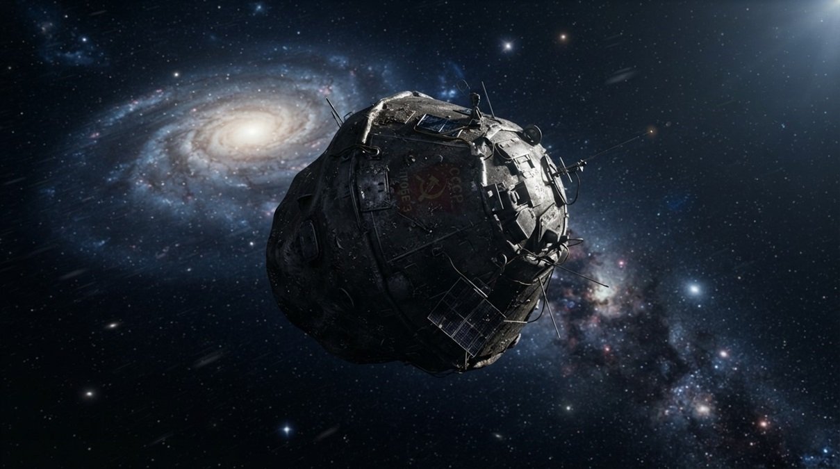 Lost Soviet spacecraft Phobos 1 drifting in dark space as a near-Earth asteroid replica
