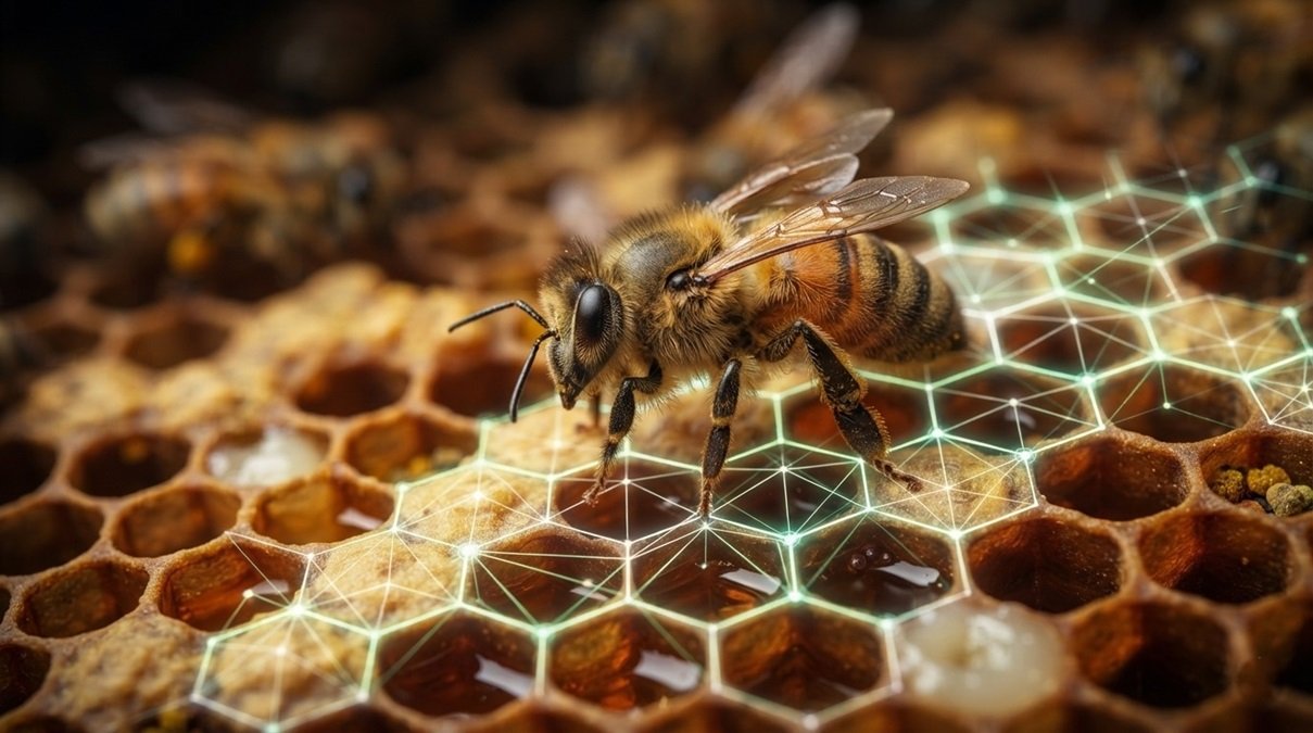 Cinematic 8K visualization of mathematical maps tracking and stopping deadly Varroa mite parasites on a honeybee hive structure.