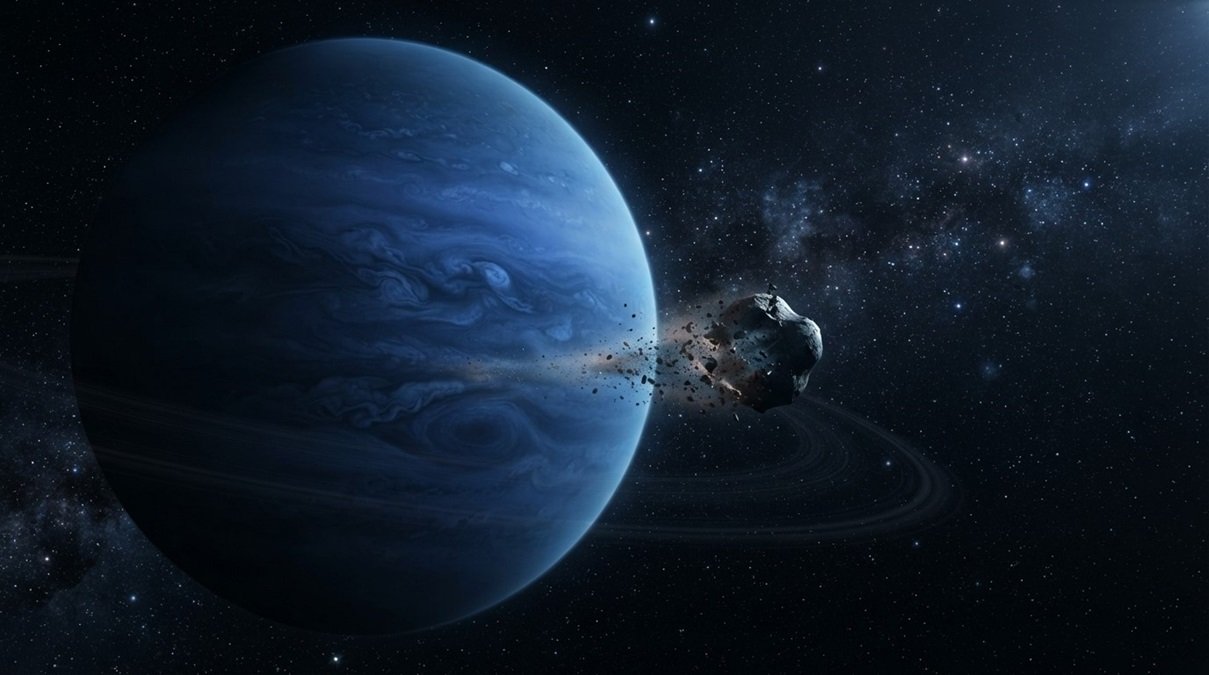 Neptune's innermost moon Naiad suffering from orbital decay and planetary tidal forces in deep space.