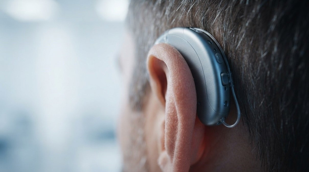 Sleek new hearing aids featuring miniature external tracking sensors close up behind a human ear under neon studio lighting