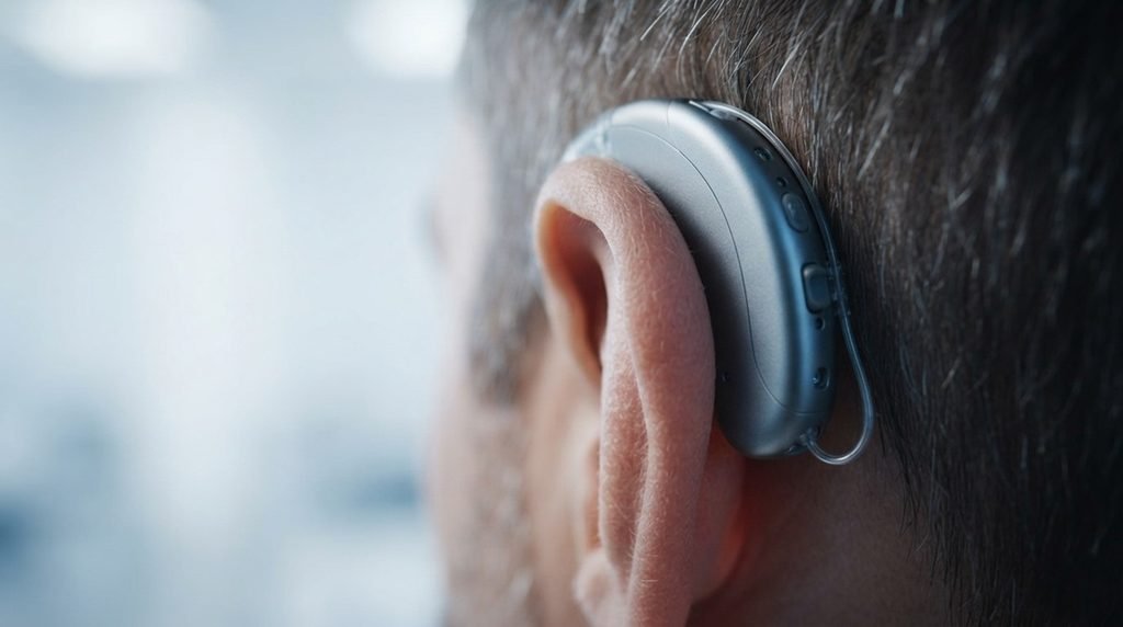 Sleek new hearing aids featuring miniature external tracking sensors close up behind a human ear under neon studio lighting