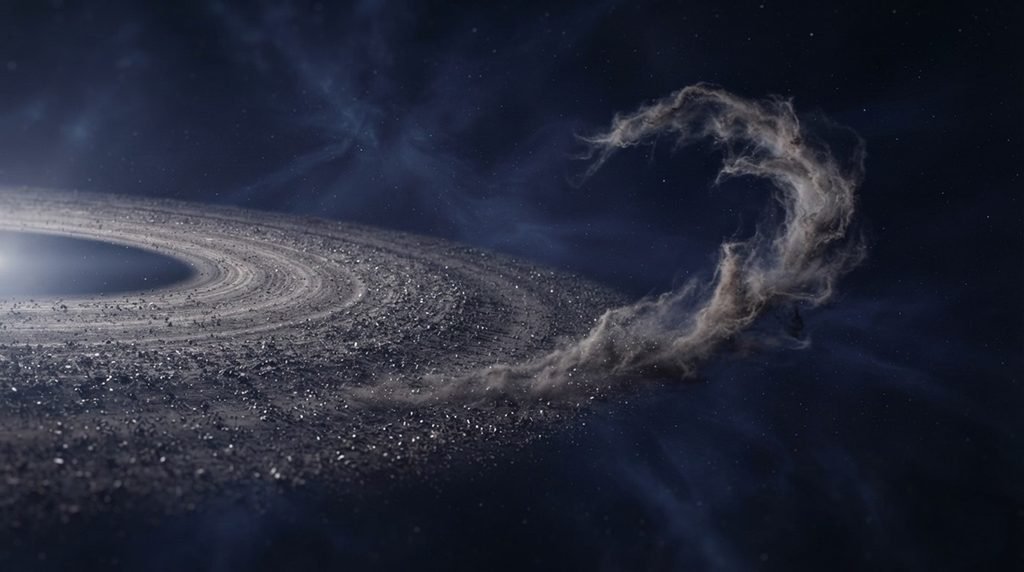  A detailed deep-field space photograph of the organic dust tail stretching 500 astronomical units across the Beta Pictoris disk plane.
