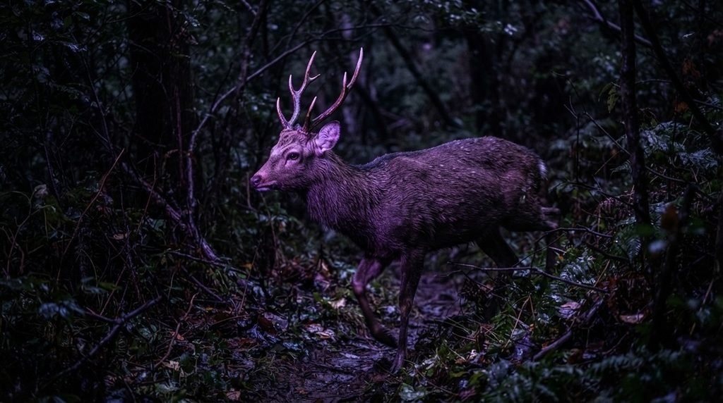 Nocturnal wildlife AI camera trap benchmarking deployment inside a dark Japanese satoyama forest tracking hidden wild animals via night-infrared spectrums.