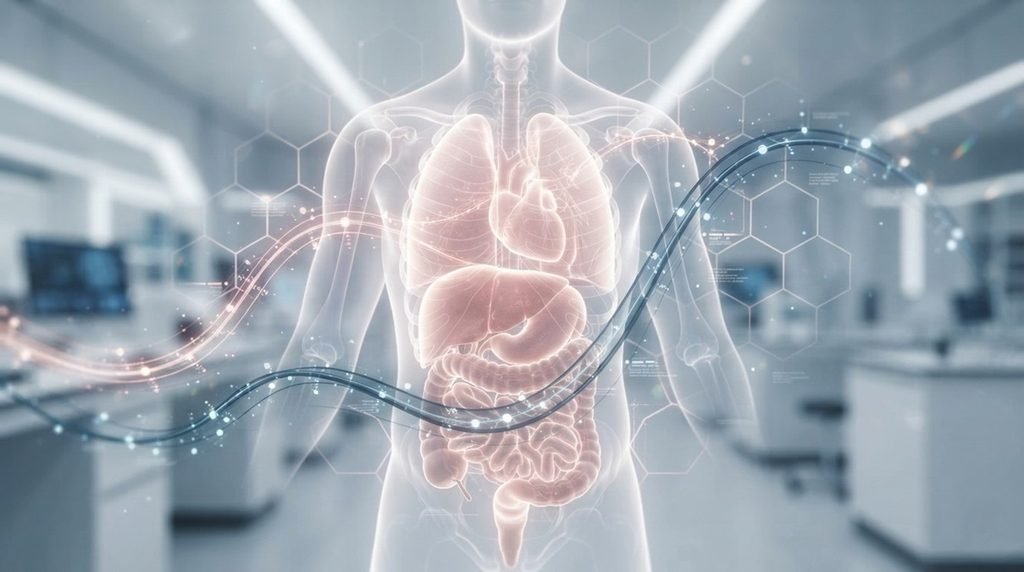 Abstract cinematic visualization of multi-organ biological aging timelines for sex-stratified medicine research.