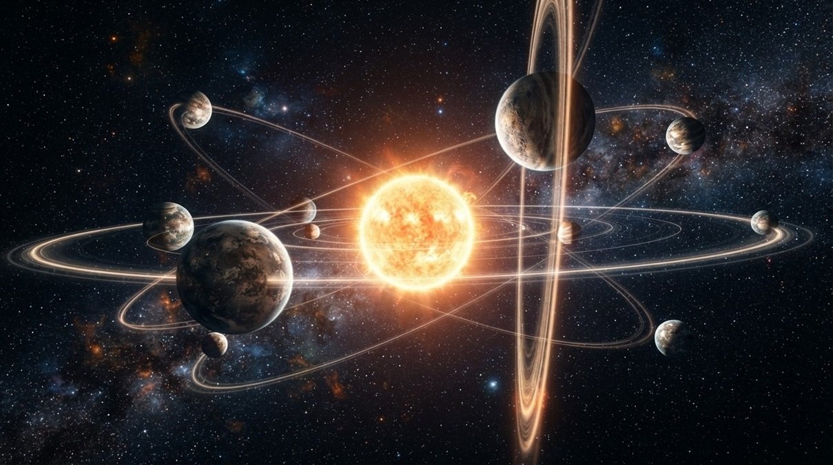 An 8K cinematic illustration of an exoplanet system with perpendicular orbits cutting across a flat plane around a host star.