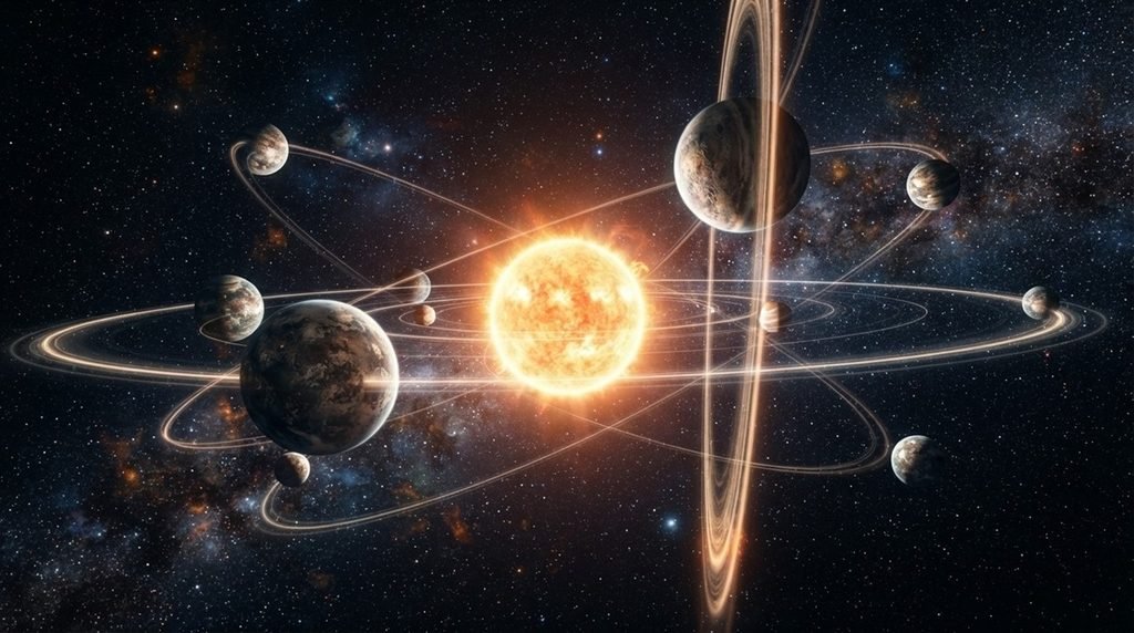 An 8K cinematic illustration of an exoplanet system with perpendicular orbits cutting across a flat plane around a host star.