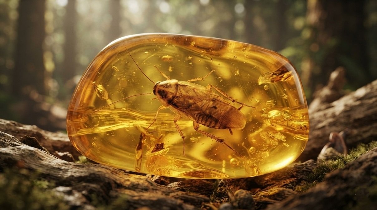 Prehistoric cockroach amber fossil