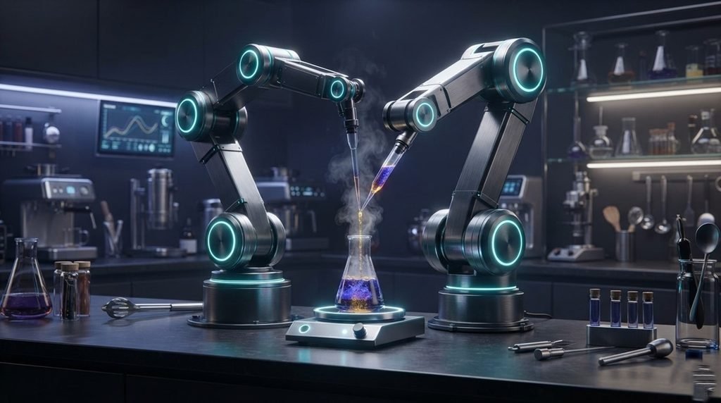 Futuristic AI powered autonomous robot chef arm executing precise fluid dynamics control inside a tech kitchen without spills