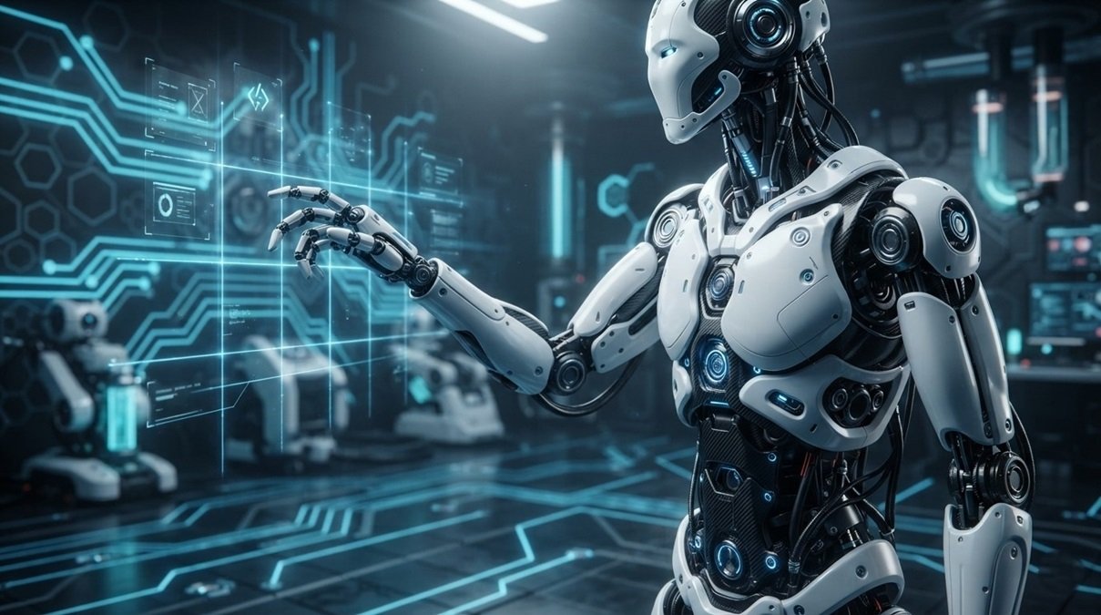 Humanoid robot torso executing fluid physical movements on a neon tech background representing robotic muscle memory